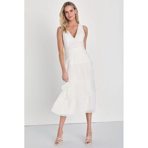 Lulu's Chiffon Tiered Midi Dress White V Neck Wedding Bridal Prom - Picture 1 of 10